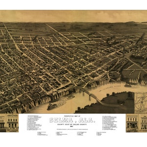 Selma Alabama 1887 druckbare Wand Kunst Farbe Vogelperspektive 24 "x 36" Antike Karte