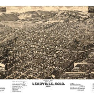 Leadville Colorado 1882 druckbare Wandkunst Farbe Vogelperspektive 60 x 36 Zoll Antike Karte