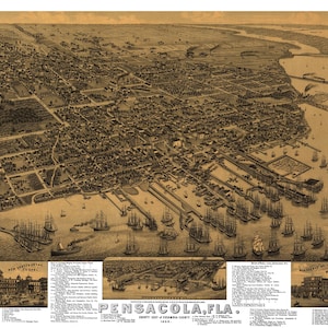 Pensacola Florida circa 1885 druckbare Wandkunst Farbe Vogelperspektive 24 "x 36" Antike Karte