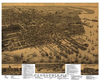 Pensacola Florida circa 1885 Printable Wall Art Color Bird's Eye View 24" x 36" Antique Map