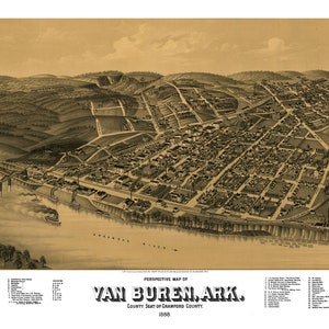 Van Buren Arkansas 1888 druckbare Wandkunst Farbe Vogelperspektive 24 "x 36" Antike Karte