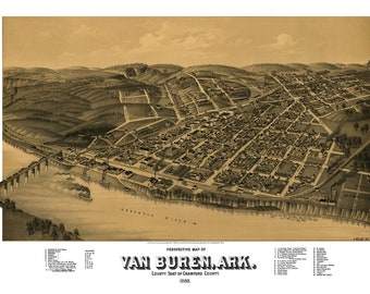 Van Buren Arkansas 1888 Printable Wall Art Color Bird's Eye View 24" x 36" Antique Map