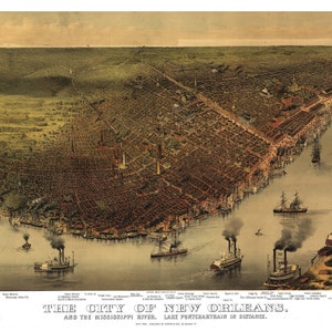 New Orleans Louisiana 1885 druckbare Wandkunst Farbe Vogelperspektive 60 x 36 Zoll Antike Karte