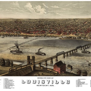 Louisville Kentucky 1876 druckbare Wandkunst Farbe Vogelperspektive 24 "x 36" Antike Karte