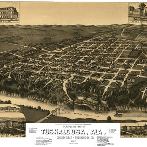 Tuscaloosa Alabama 1887 druckbare Wandkunst Farbe Vogelperspektive 24 "x 36" Antike Karte