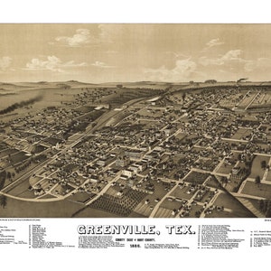 Greenville Texas 1885 druckbare Wandkunst Farbe Vogelperspektive 60 x 36 Zoll Antike Karte