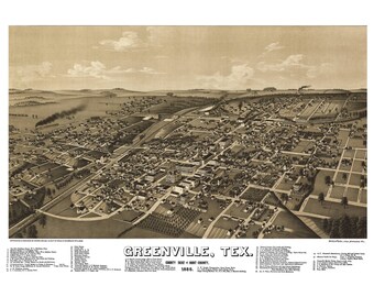 Greenville Texas 1885 Printable Wall Art Color Bird's Eye View 24" x 36" Antique Map