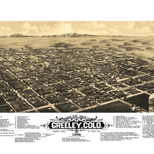 Greeley Colorado 1882 druckbare Wandkunst Farbe Vogelperspektive 60 x 36 Zoll Antike Karte