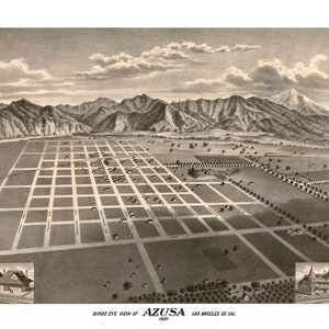 Azusa California 1887 druckbare Wandkunst Farbe Vogelperspektive 60 x 36 Zoll Antike Karte