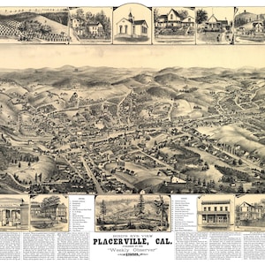 Placerville California 1888 druckbare Wandkunst Farbe Vogelperspektive 60 x 36 Zoll Antike Karte
