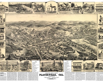 Placerville California 1888 Printable Wall Art Color Bird's Eye View 24" x 36" Antique Map