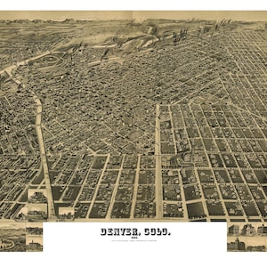 Denver Colorado 1889 druckbare Wandkunst Farbe Vogelperspektive 60 x 36 Zoll Antike Karte