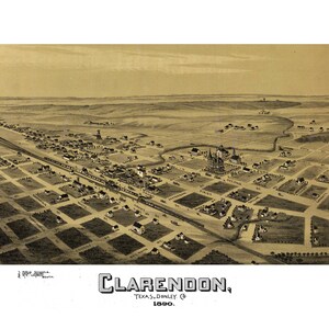 Clarendon Texas 1890 druckbare Wandkunst Farbe Vogelperspektive 60 x 36 Zoll Antike Karte