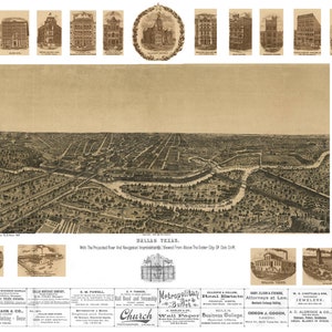 Dallas Texas 1892 druckbare Wandkunst Farbe Vogelperspektive 60 x 36 Zoll Antike Karte