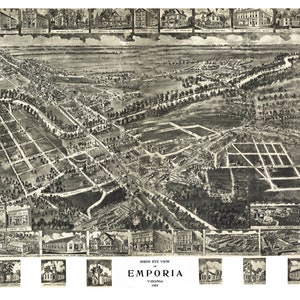 Emporia Virginia 1907 druckbare Wandkunst Farbe Vogelperspektive 60 x 36 Zoll Antike Karte