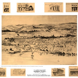 Lakeport California 1888 druckbare Wandkunst Farbe Vogelperspektive 60 x 36 Zoll Antike Karte
