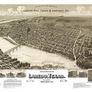 Laredo Texas 1892 druckbare Wandkunst Farbe Vogelperspektive 60 x 36 Zoll Antike Karte