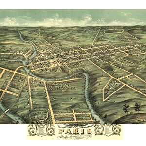 Paris Kentucky 1870 druckbare Wandkunst Farbe Vogelperspektive 24 "x 36" Antike Karte