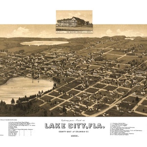 Lake City Florida 1885 druckbare Wandkunst Farbe Vogelperspektive 60 x 36 Zoll Antike Karte