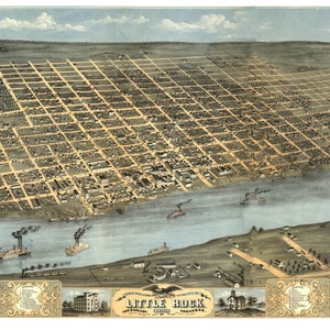 Little Rock Arkansas 1871 druckbare Wandkunst Farbe Vogelperspektive 60 x 36 Zoll Antike Karte