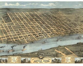 Little Rock Arkansas 1871 Printable Wall Art Color Bird's Eye View 24" x 36" Antique Map