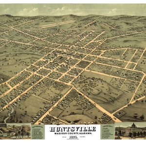Huntsville Alabama 1871 druckbare Wandkunst Farbe Vogelperspektive 60 x 36 Zoll Antike Karte