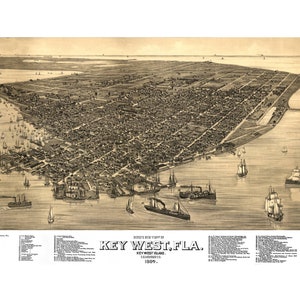 Key West Florida 1884 druckbare Wandkunst Farbe Vogelperspektive 60 x 36 Zoll Antike Karte