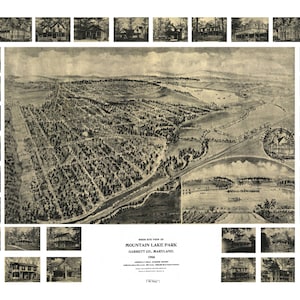Mountain Lake Park Maryland 1906 druckbare Wandkunst Farbe Vogelperspektive 24 "x 36" Antike Karte
