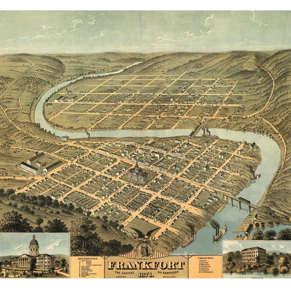 Frankfort Kentucky 1871 Printable Wall Art Color Bird's Eye View 24" x 36" Antique Map