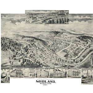 Midland Maryland 1905 druckbare Wandkunst Farbe Vogelperspektive 60 x 36 Zoll Antike Karte