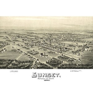 Sonnenuntergang Texas 1890 druckbare Wandkunst Farbe Vogelperspektive 60 x 36 Zoll Antike Karte