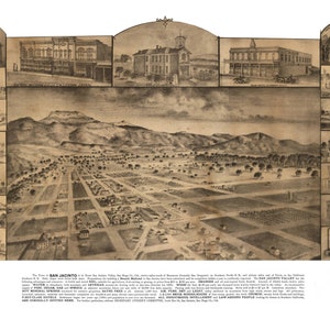 San Jacinto California 1886 druckbare Wandkunst Farbe Vogelperspektive 60 x 36 Zoll Antike Karte