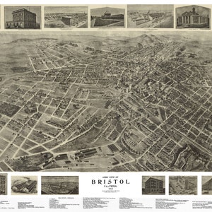 Bristol Tennessee Virginia 1912 druckbare Wandkunst Farbe Vogelperspektive 24 "x 36" Antike Karte