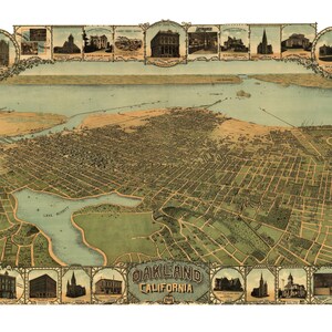 Oakland California 1900 druckbare Wandkunst Farbe Vogelperspektive 60 x 36 Zoll Antike Karte