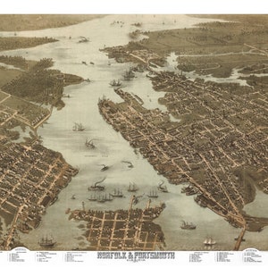 Norfolk Portsmouth Virginia 1873 druckbare Wandkunst Farbe Vogelperspektive 24 "x 36" Antike Karte