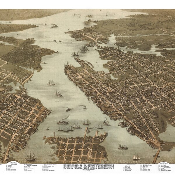 Norfolk Portsmouth Virginia 1873 Printable Wall Art Color Bird's Eye View 24" x 36" Antique Map