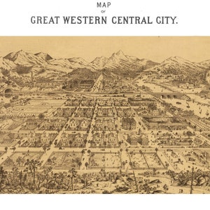 Central City Colorado 1887 druckbare Wandkunst Farbe Vogelperspektive 24 "x 36" Antike Karte