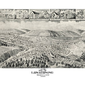 Lonaconing Maryland 1905 druckbare Wandkunst Farbe Vogelperspektive 24 "x 36" Antike Karte