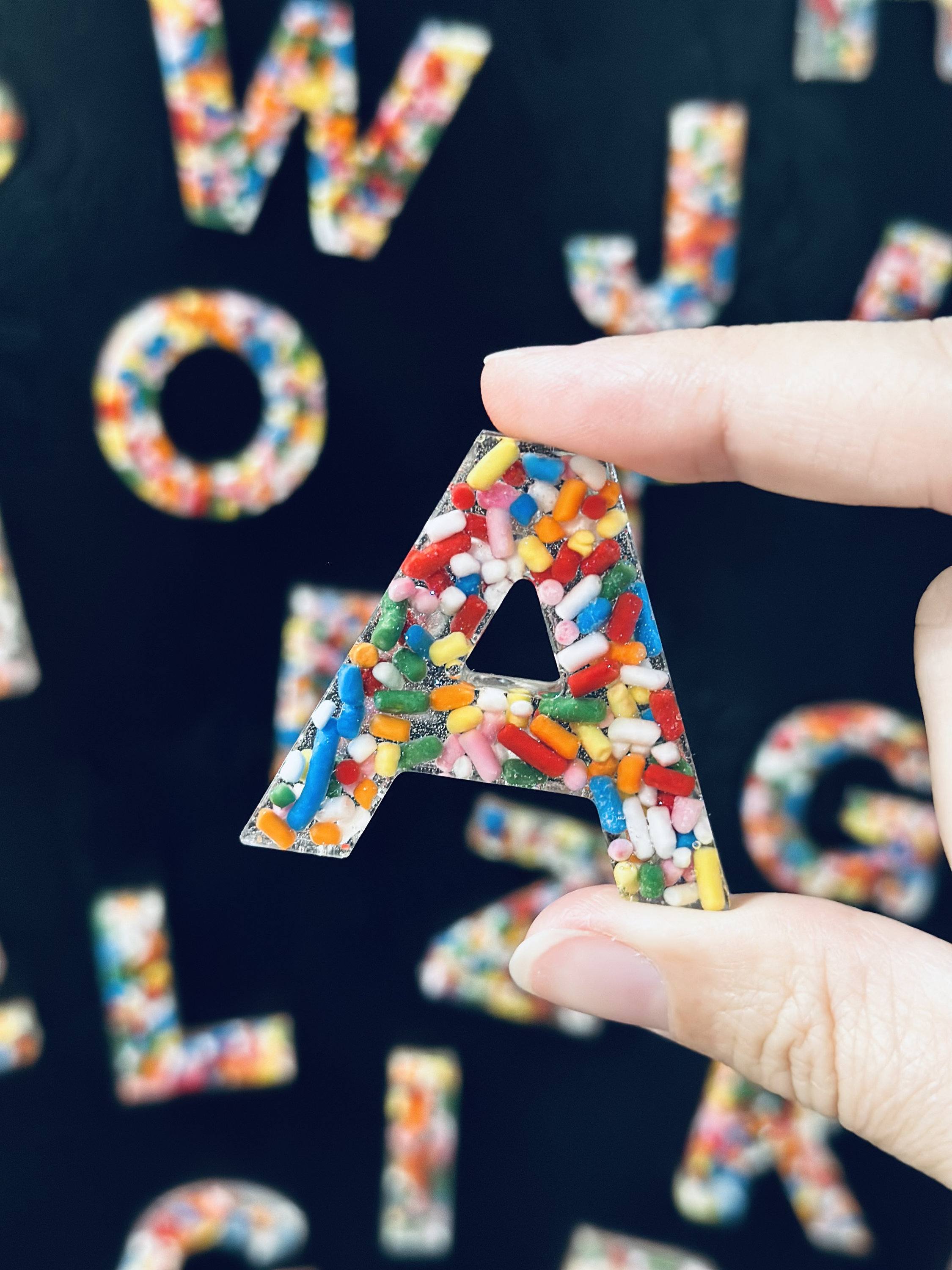 Sprinkle Glitter Resin Alphabet Letters – Sensory ABC Fridge Magnets for Toddlers, Custom Resin Letter Set, Preschool Learning Toy