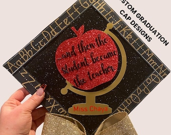 Custom Teacher Graduation Cap Topper, Apple Grad Cap, Personalized Glitter Graduation Cap, Teacher Graduation Cap, Custom Grad Cap