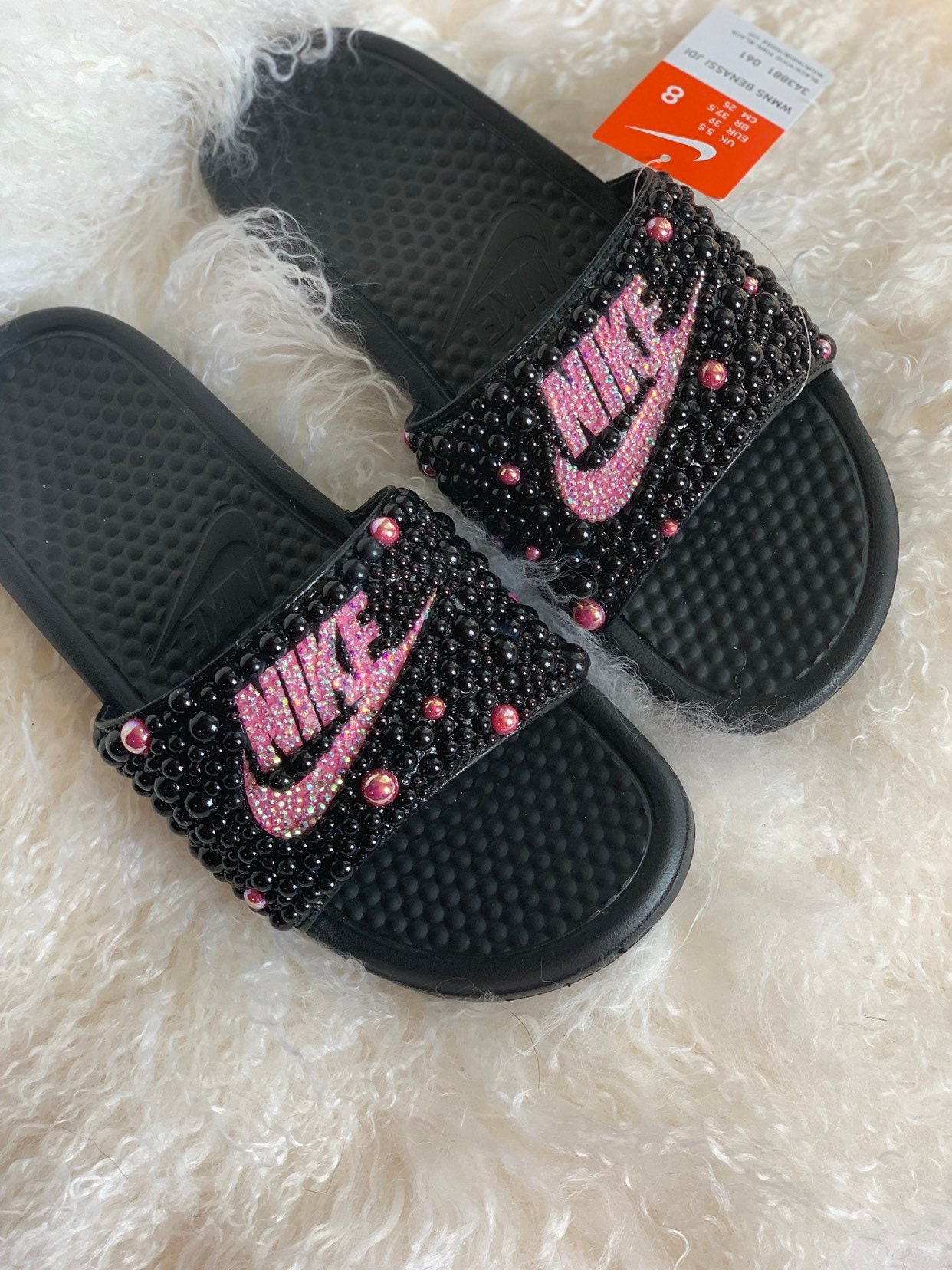 TonTon Station black and Hot Pink Nike Bling Slides with | Etsy