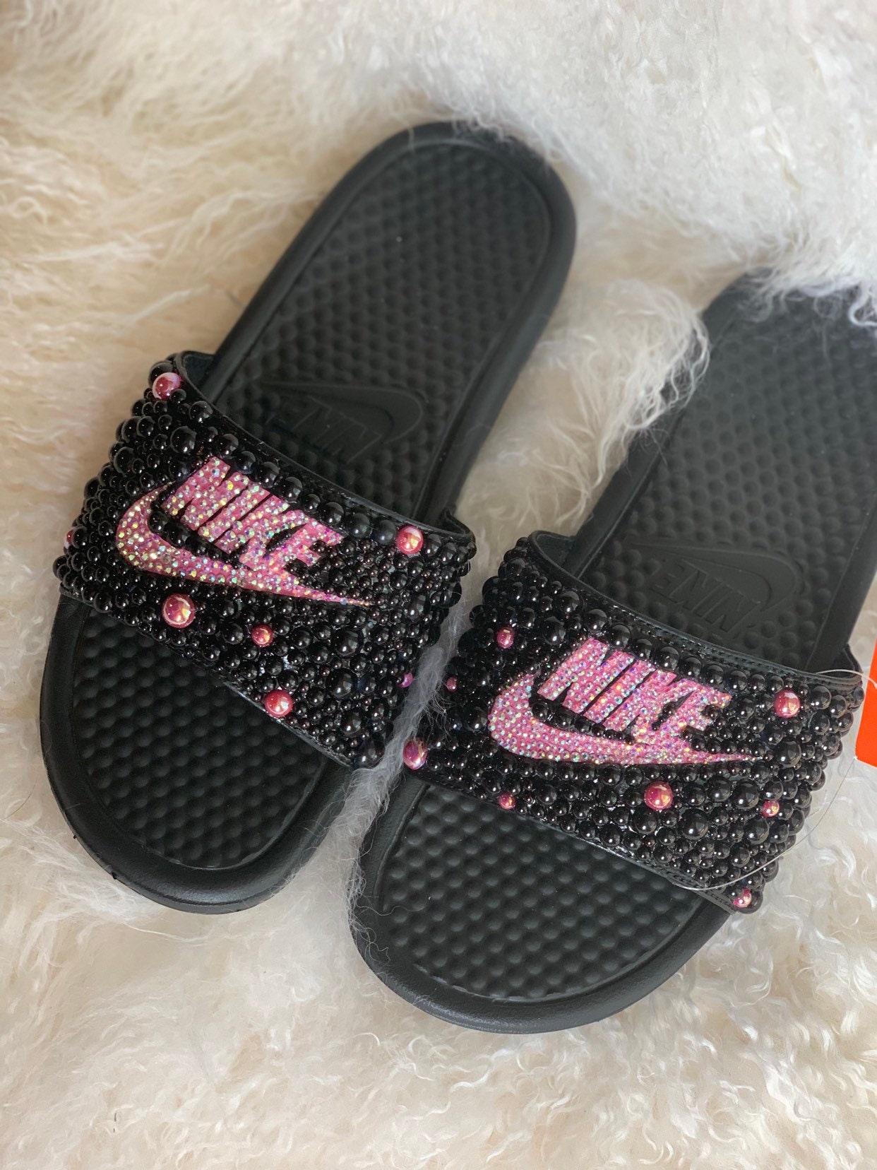 TonTon Station black and Hot Pink Nike Bling Slides with | Etsy