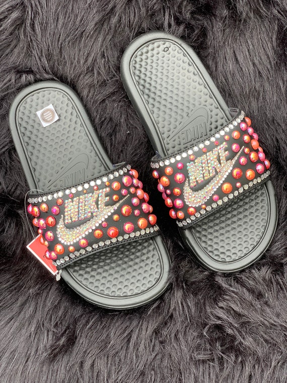 rose gold and black nike slides