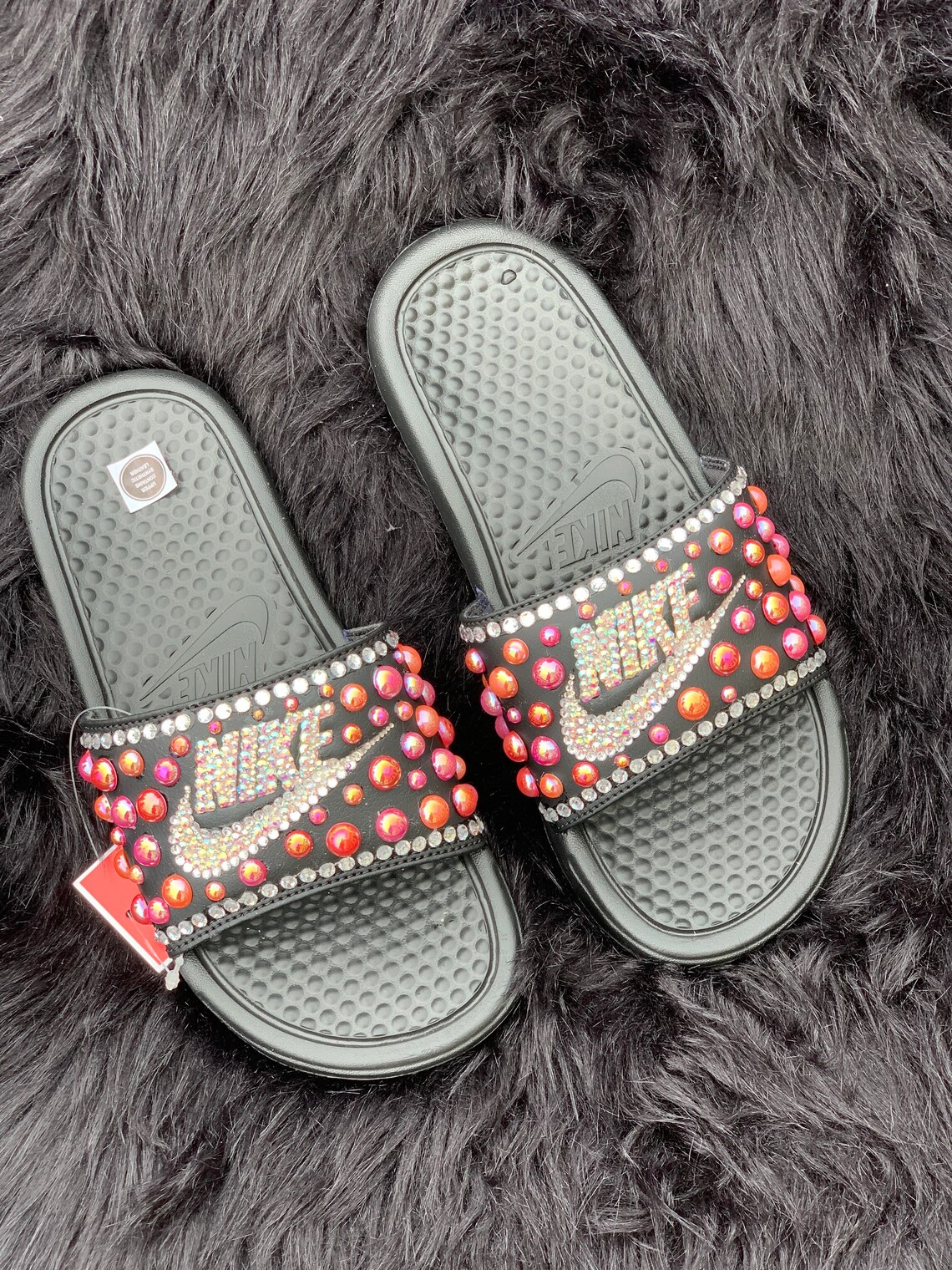 womens black and gold nike slides