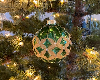 Antique Glass Christmas Ornament: Green Glitter, Gold Detail, 4 Inch