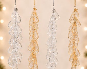 Cascading Tear Drop Faceted Icicle Ornaments –  Clear and Golden Champagne High Shine Acrylic Beads