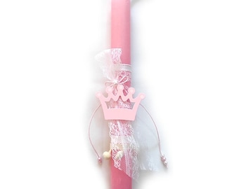 Greek Easter Candle Wooden Pink Crown Princess - Aromatic Lampada - Easter Gifts - Orthodox Easter Candles Handmade Lampades