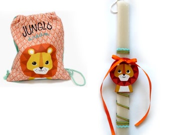 Greek Easter Candle Wooden Lion and a Backpack - Aromatic Lampada - Easter Gifts - Orthodox Easter Candles Handmade Lampades