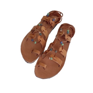 Greek Natural Leather Sandals,Ankle Tie Up Woman Sandals Decorated with Ceramic Beads/From 100% Genuine Leather /Greek  Sandals/Handmade