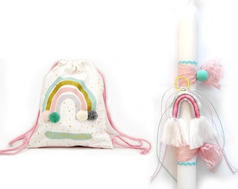 Greek Easter Candle Rainbow and a Backpack - Aromatic Lampada - Easter Gifts - Orthodox Easter Candles Handmade Lampades